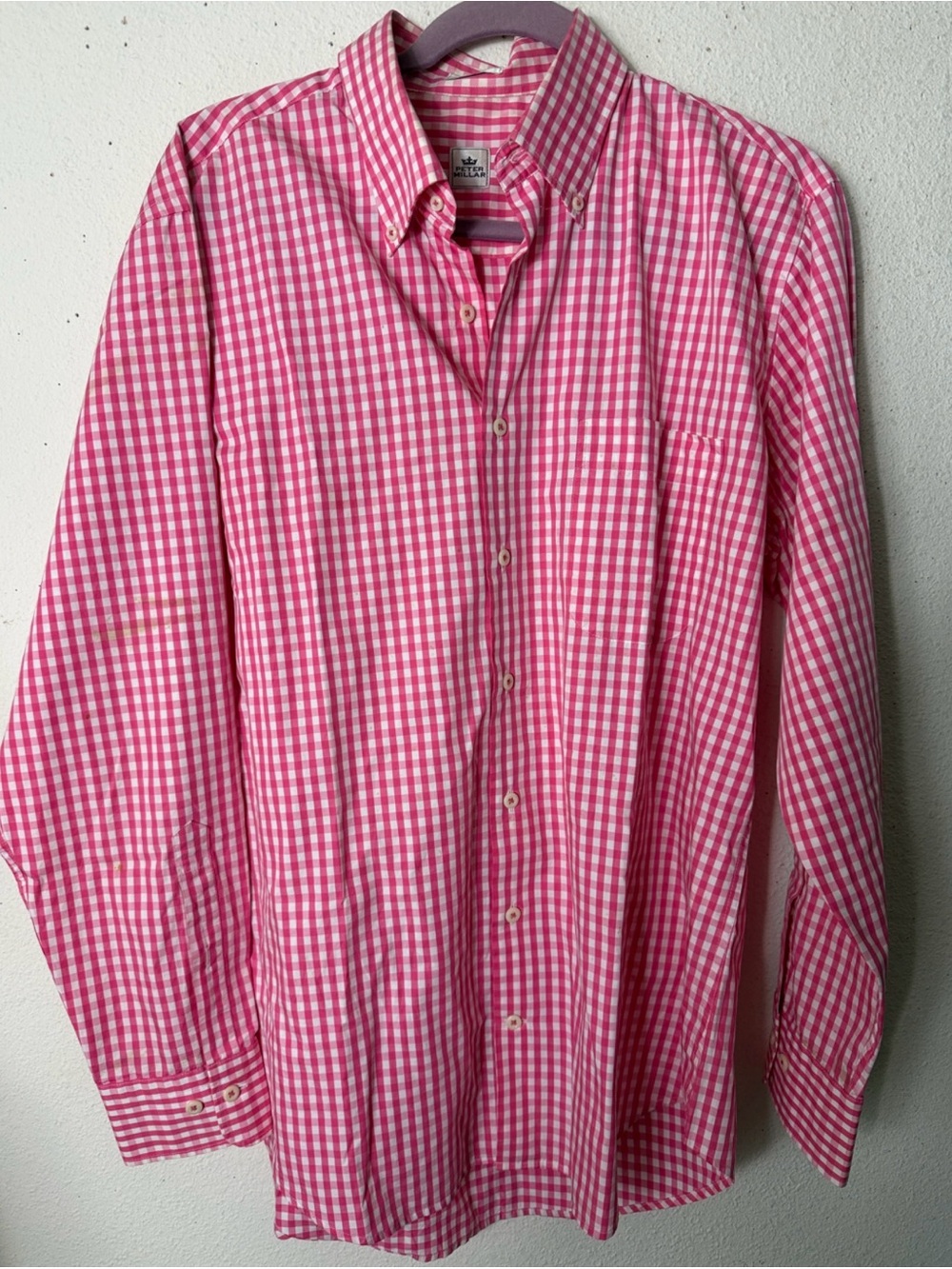 Peter Millar Pink and White Gingham 100% Cotton Button-Down Shirt M